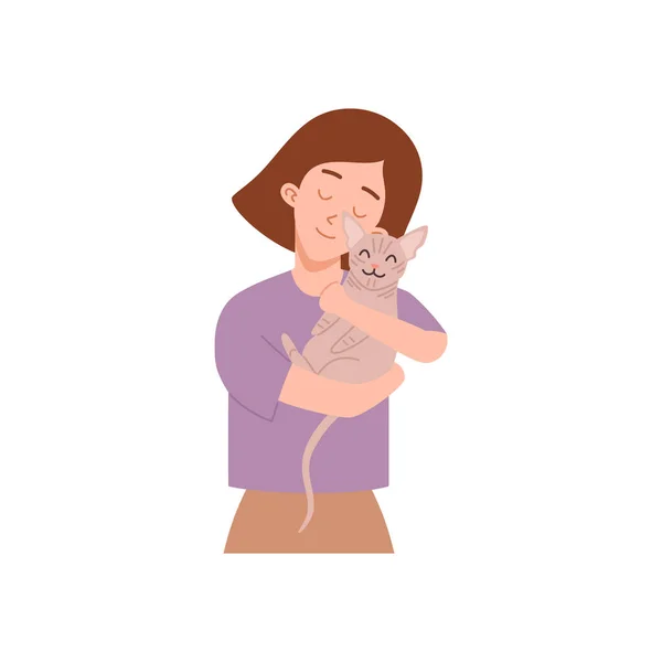Brunette Schattige Vrouw Knuffelen Sfinx Kat Platte Stijl Vector Illustratie — Stockvector