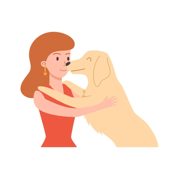 快乐的大狗把爪子放在笑容满面的女孩肩上 拥抱扁平的风格 在白色背景上孤立的矢量图解 高兴的主人和宠物 — 图库矢量图片