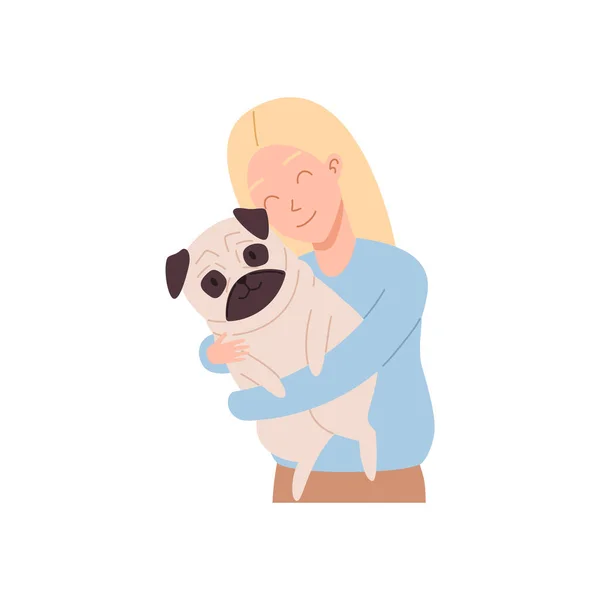 女人或小女孩抱着哈巴狗 平面卡通矢量在白色背景上孤立 动物收容所或兽医诊所的宠物护理和爱护动物概念 — 图库矢量图片