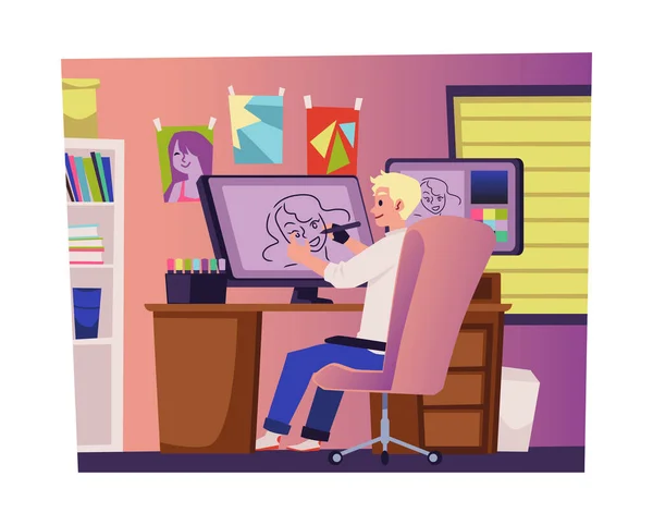 Digital Artist Draws Illustration Computer Graphics Application Flat Vector Illustration — Stock Vector