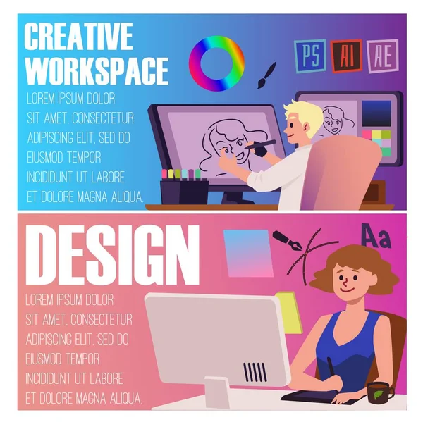 디지털 아티스트와 그래픽 디자이너를 크리에이티브 컴퓨터에서 일하는 창의적 전문가들 일하는 — 스톡 벡터