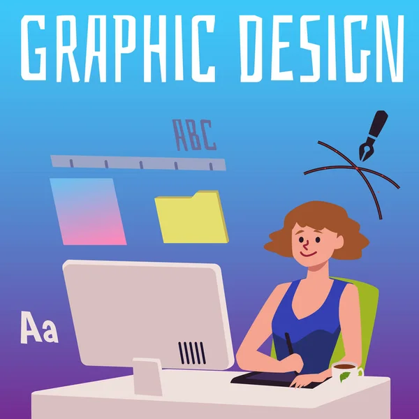 Graficzny Baner Projektowy Lub Plakat Projektantką Kobiecej Postaci Pracującej Komputerze — Wektor stockowy
