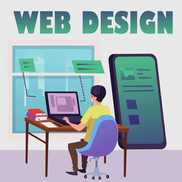 Diseñador Web Sentado Mesa Trabajando Estilo Plano Ilustración Vectorial Desarrollo — Vector de stock