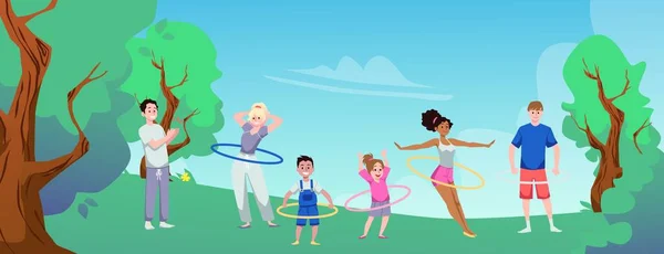 People men and women with children exercising with hula hoop outdoors, flat vector illustration. Sport and fitness workout on nature with hula hoop for family.