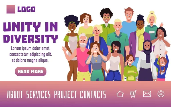 Unity Diversity Concept Website Multi Ethnic People Characters Flat Cartoon —  Vetores de Stock