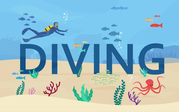 Scuba Diving Typographic Header Υποβρύχια Έννοια Ζωής Επίπεδη Διανυσματική Απεικόνιση — Διανυσματικό Αρχείο