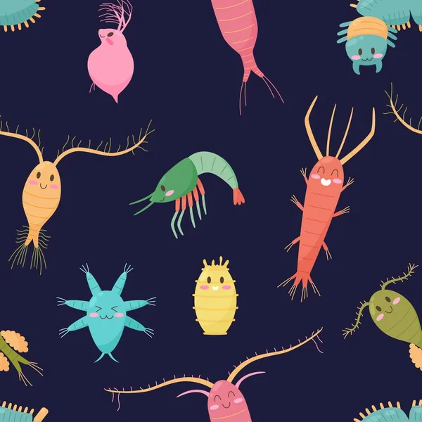 Seamless Underwater Life Topic Pattern Bright Microscopic Marine Zooplankton Crustaceans — Stock Vector