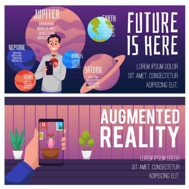 Artırılmış realite web pankartları, düz vektör illüstrasyonu. İnsan gerçek ve sanal dünyaların etkileşimli kombinasyonunu tecrübe eder. Gelecekçi teknoloji konsepti. AR ile uzay yolculuğu.