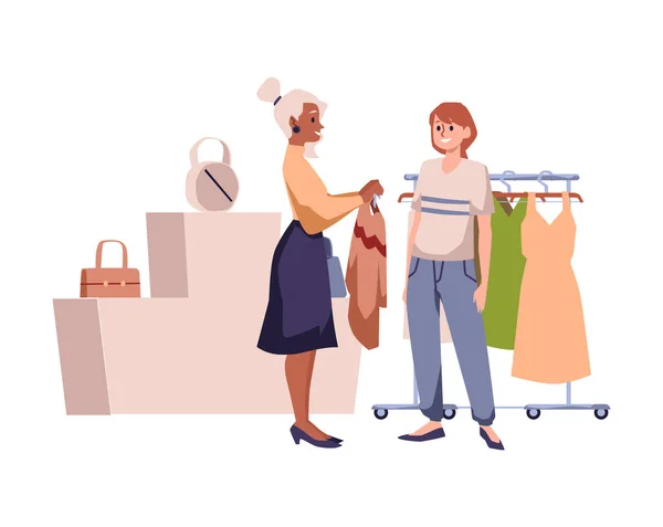 购物助理或销售人员帮助挑选合适的衣服 白色的平面矢量图形隔离 个人造型师工作的概念 女人买新衣服 — 图库矢量图片