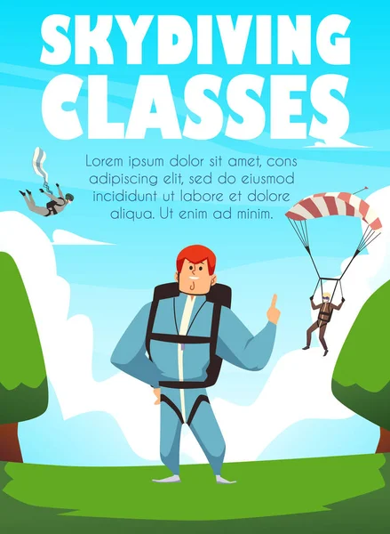 Fallschirmspringen Klassen Banner Oder Plakat Layout Design Mit Cartoon Figuren — Stockvektor