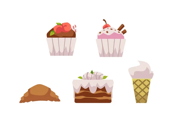 Set Van Smakelijke Desserts Platte Stijl Vector Illustratie Geïsoleerd Witte — Stockvector