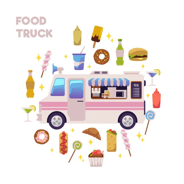 Food Truck Mit Verschiedenen Streetfood Symbolen Umgeben Flache Zeichentrickvektorillustration Isoliert — Stockvektor