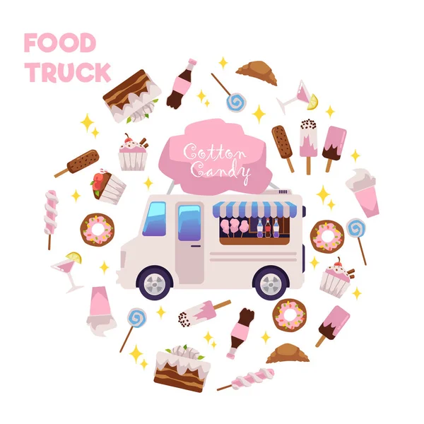 Jedzenie Ciężarówka Słodyczami Waty Cukrowej Płaski Styl Wektor Ilustracji Izolowane — Wektor stockowy