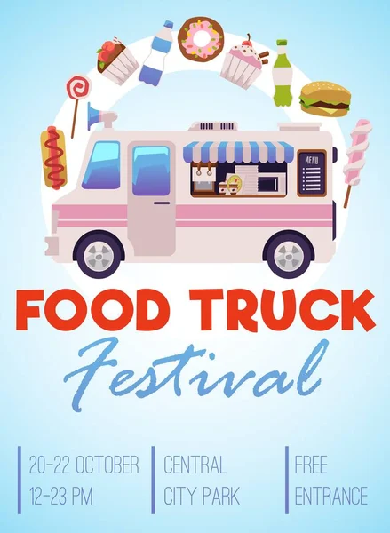 Cartel Invitación Del Festival Food Truck Ilustración Vector Plano Publicidad — Vector de stock