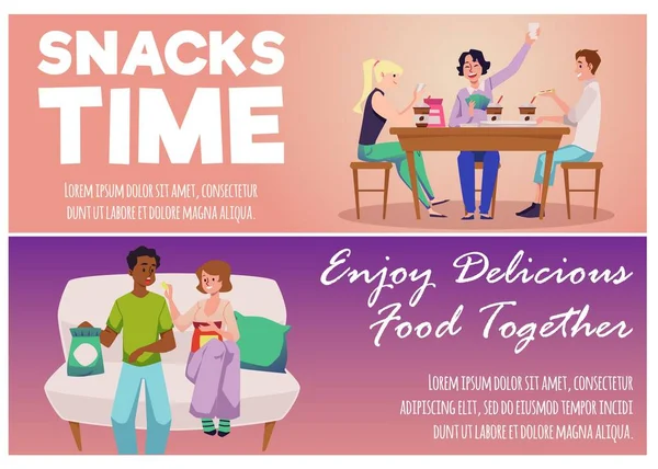 人々のフラットスタイル 白い背景に隔離されたベクトルイラストをスナックについてのウェブサイトのバナーテンプレートのセット おやつの時間 一緒においしい食べ物を楽しむ 幸せなキャラクター — ストックベクタ