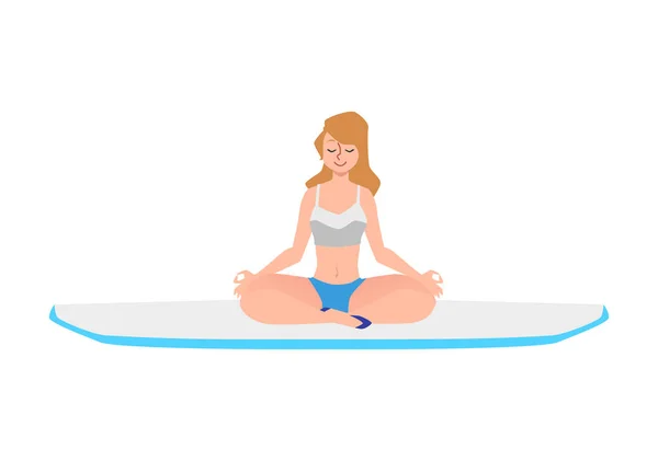 Frau Meditiert Auf Einem Paddleboard Flache Zeichentrickvektorillustration Isoliert Auf Weißem — Stockvektor