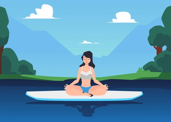 Sup Yoga Workout Woman Doing Meditation Paddle Board Flat Cartoon — Stock Vector