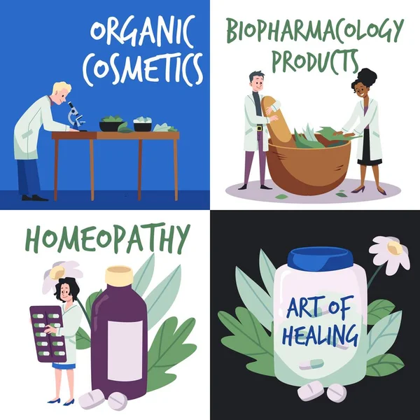 Ekologisk Kosmetika Homeopati Och Biofarmakologi Produktion Banderoller Platt Vektor Illustration — Stock vektor