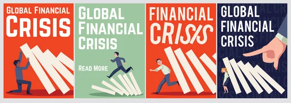ドミノ落下効果と連鎖反応 フラットベクトル図で設定されたグローバル金融危機のポスター 漫画のビジネスキャラクターは ドミノの落下から逃げ 停止し それを保持しようとします — ストックベクタ