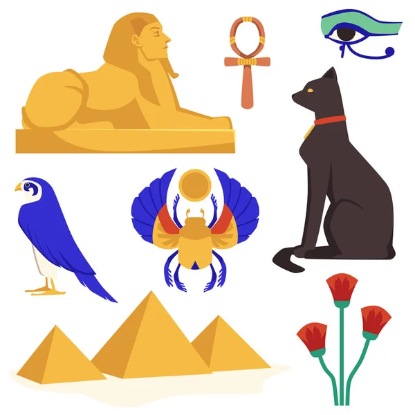埃及古代众神和神圣的动物集 平面漫画矢量与白色背景隔离 埃及神话符号和宗教图标收藏 — 图库矢量图片