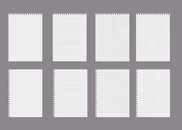 Set White Different Empty Notebook Pages Vector Illustration Isolated Gray — Stock Vector