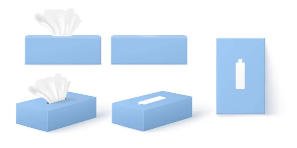 さまざまな角度から設定された青いティッシュボックス 現実的なパッケージモックアップ 白い上に隔離された3Dベクトルイラスト 段ボール容器に使い捨て紙ナプキンのセット 側と上のビュー — ストックベクタ