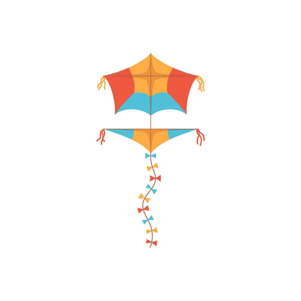 Färgglada Flygande Drake Med Dekorerade Bågar Sträng Platt Vektor Illustration — Stock vektor