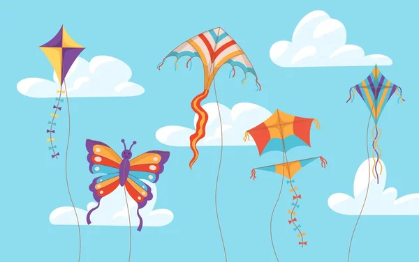 雲のフラットスタイル ベクトルイラストの間で空の異なる形状の飛行凧 ロープ付きのカラフルなおもちゃのグループ 屋外プレイ 子供や大人のためのエンターテイメント — ストックベクタ