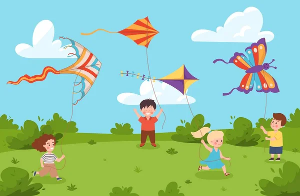 Niedliche Kleine Kinder Auf Der Sommerwiese Spielen Mit Drachen Flache — Stockvektor