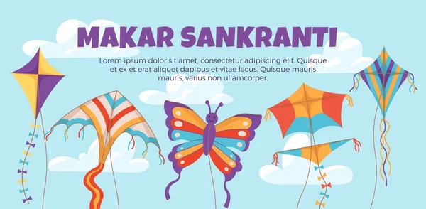 Makar Sankranti Festival Banner Biglietto Auguri Mockup Con Aquiloni Nel — Vettoriale Stock