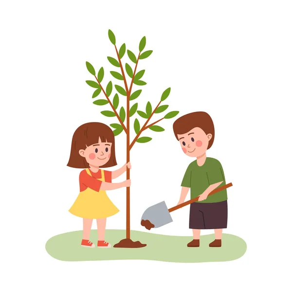Junge Und Mädchen Pflanzen Gemeinsam Einen Baum Flache Vektordarstellung Isoliert — Stockvektor