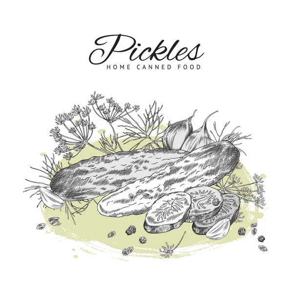 Pickles Thuis Ingeblikt Voedsel Banner Kaart Mockup Schets Vector Illustratie — Stockvector