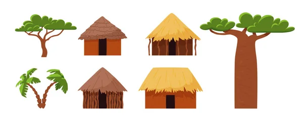 Conjunto Cabanas Africanas Árvores Estilo Plano Ilustração Vetorial Isolada Sobre — Vetor de Stock