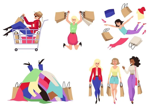 Shopaholics Eller Shoppare Tecken Bär Shoppingväskor Och Köpa Många Saker — Stock vektor