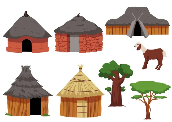 Set Diverse Capanne Africane Stile Piatto Illustrazione Vettoriale Isolata Sfondo — Vettoriale Stock