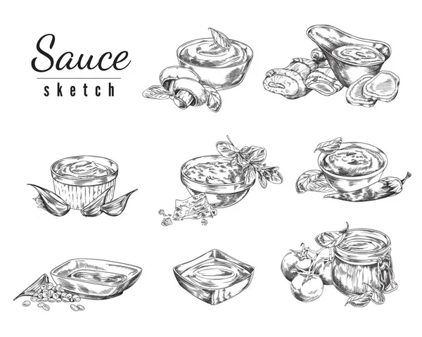 Ensemble Sauces Monochromes Dessinées Main Dans Des Bols Style Croquis — Image vectorielle