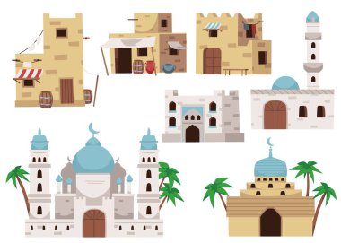 Arap binaları ve İslami ibadethane seti, beyaz arka planda izole edilmiş düz vektör çizimi. Antik şehir evleri ve pazar yerleri. Geleneksel çamur tuğla bina. İslami mimari.