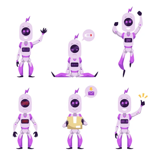 Conjunto Robots Mascotas Púrpuras Que Muestran Diferentes Mensajes Estilo Plano — Vector de stock