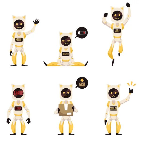 Robot Maskot Kucing Dengan Berbagai Perkataan Dipajang Gambar Vektor Kartun - Stok Vektor