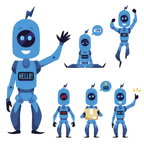 Carino Set Robot Mascotte Con Varie Emozioni Situazioni Illustrazione Vettoriale — Vettoriale Stock