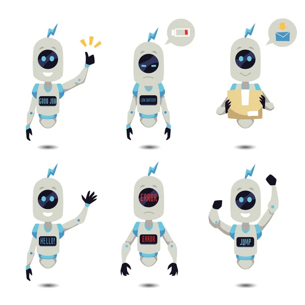 Plovoucí Roboti Set Různými Emocemi Scénami Ploché Vektorové Ilustrace Izolované — Stockový vektor