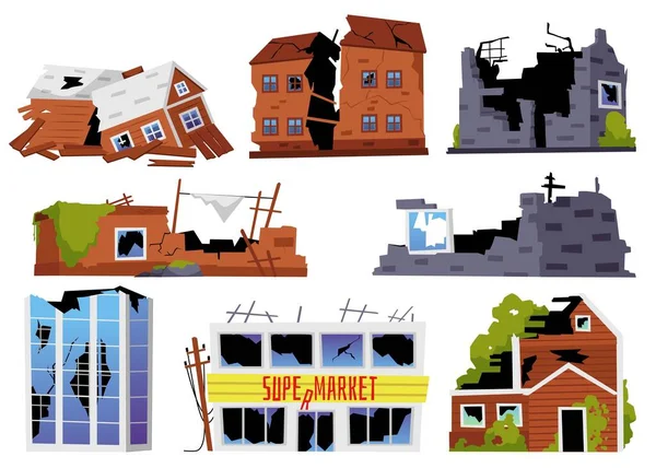 Conjunto Edificios Destruidos Diferentes Casas Supermercados Estilo Plano Ilustración Vectorial — Archivo Imágenes Vectoriales