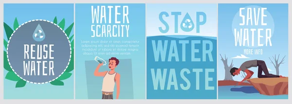 Conjunto Banners Verticales Sobre Reutilización Ahorro Agua Estilo Plano Ilustración — Archivo Imágenes Vectoriales