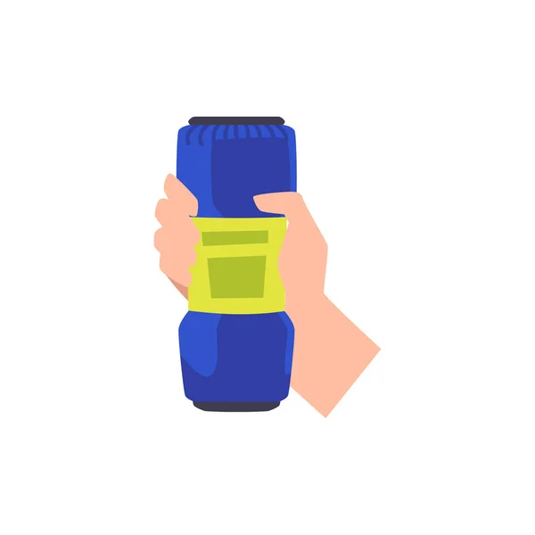人类手握蓝色清洁剂 带有绿色标签扁平风格 载体图以白色背景隔离 印刷或网络 家务活的设计元素 — 图库矢量图片