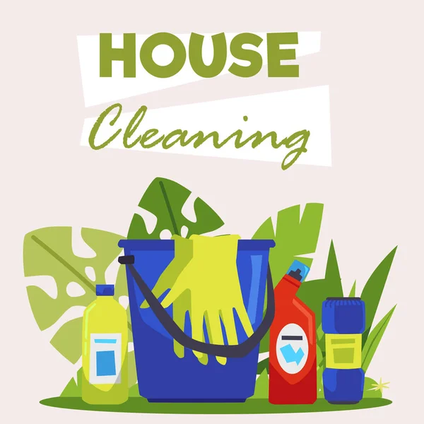 专业的房屋清洁服务广告横幅或海报模型 带有清洁工具和洗涤剂的宣传单张模板 平面矢量图解 — 图库矢量图片
