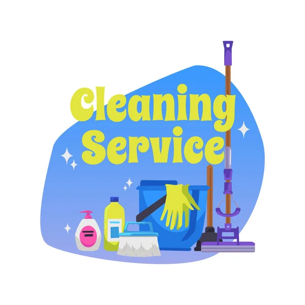 Servicio Limpieza Banner Diseño Pegatina Con Varias Herramientas Limpieza Detergentes — Vector de stock