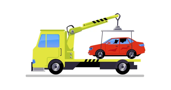 Towing Truck Transporting Car Flat Cartoon Vector Illustration Isolated White — Stock Vector