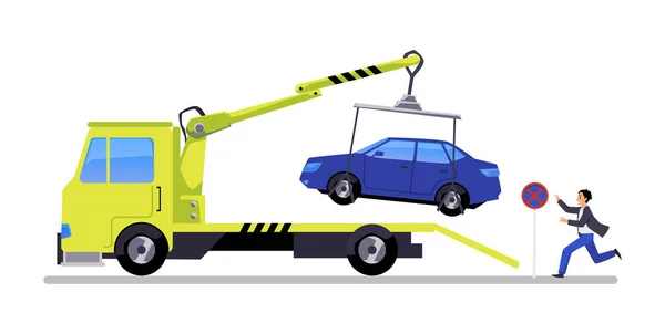 Tow Truck Lifting Improperly Parked Car Upset Man Running Flat — Stock Vector