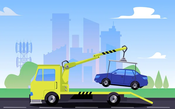 Tow Truck Lifting Car City Landscape Flat Vector Illustration Broken — Stock Vector