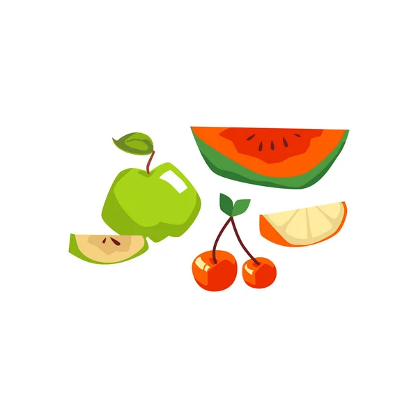 Frische Früchte Flache Vektordarstellung Isoliert Auf Weißem Hintergrund Apfel Wassermelone — Stockvektor